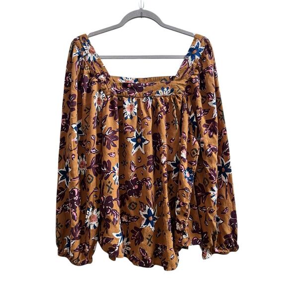 Sonoma Brown Print Square Neck Lyocell Rayon Blend Peasant Boho Blouse Size 1X - Picture 2 of 10